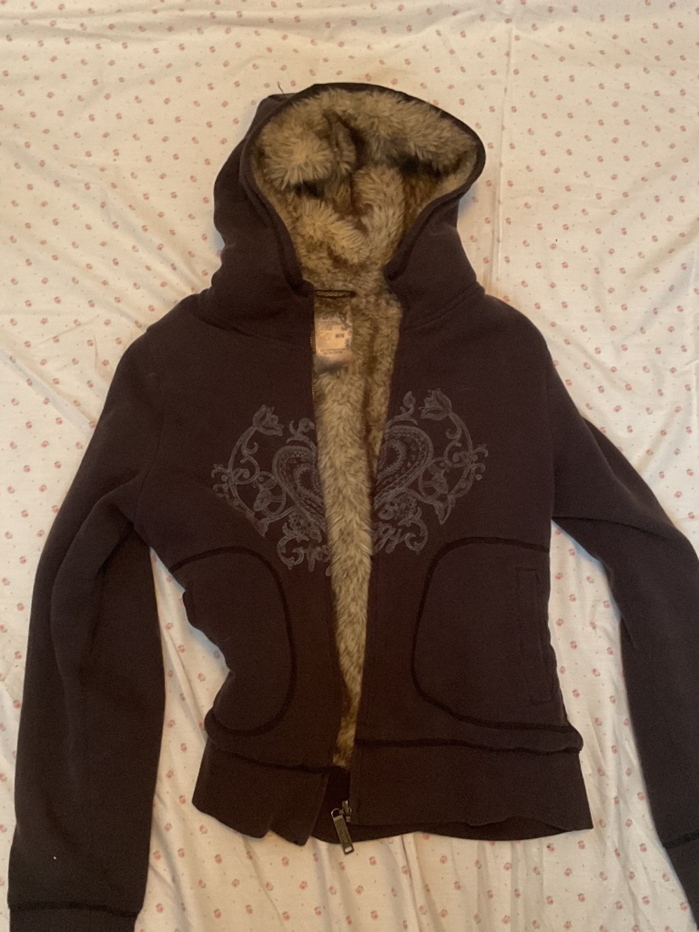 Brown fur hood zip up hoodie